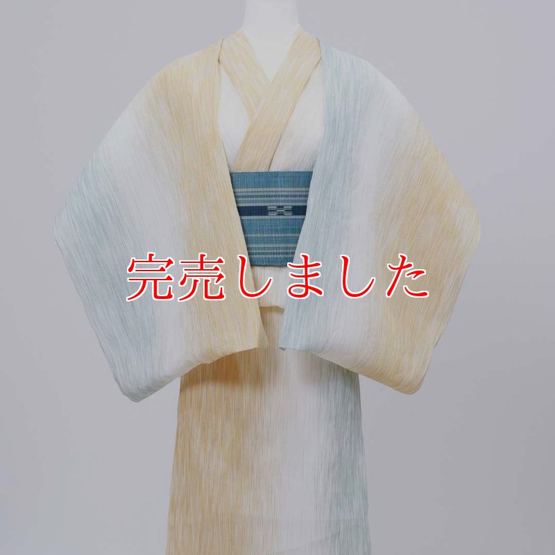 小千谷縮「乱絣」白ベースに黄×緑/杉山織物/麻着物 | 普段着きものもたはん