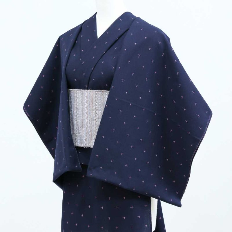 久留米絣｜野村織物「星雫絣」ネイビー×ピンク｜木綿着物 | 普段着