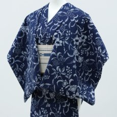 画像2: 阿波しじら織 木綿着物 抜染 紺地×更紗 (2)