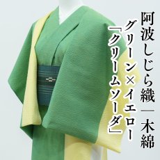 画像1: 阿波しじら織 木綿着物 グリーン×イエロー「クリームソーダ」 (1)