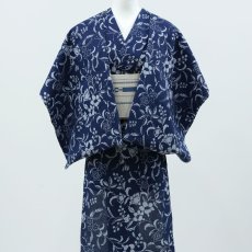 画像3: 阿波しじら織 木綿着物 抜染 紺地×更紗 (3)