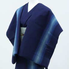 画像2: 阿波しじら織 木綿着物 濃紺グラデーション細縞「深海」 (2)