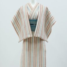 画像3: 阿波しじら織 木綿着物 生成り×多色細縞「ミルクティー」 (3)