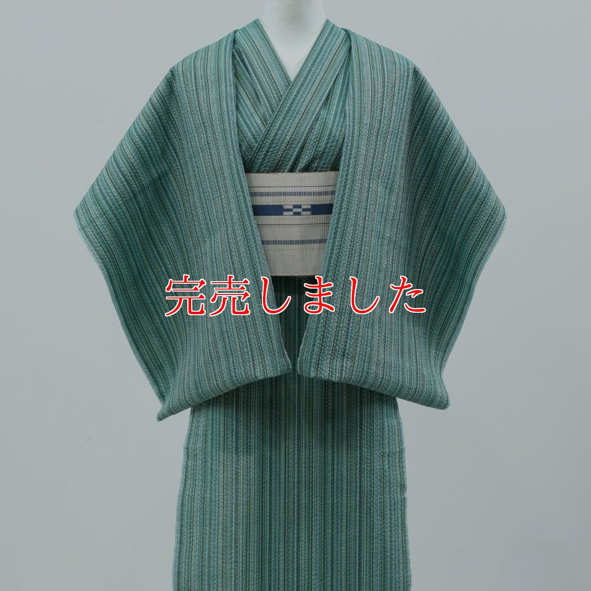 画像3: 阿波しじら織 木綿着物 細縞「青磁」 (3)