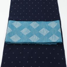 画像5: OLNさんの半幅帯　en coton「格子菱」peacock blue (5)