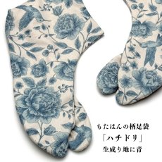 画像1: 通年履ける柄足袋「ハチドリ」生成り地に青 (1)