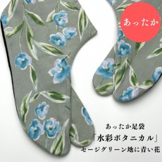画像1: あったか足袋「水彩ボタニカル」セージグリーン地に青い花 (1)