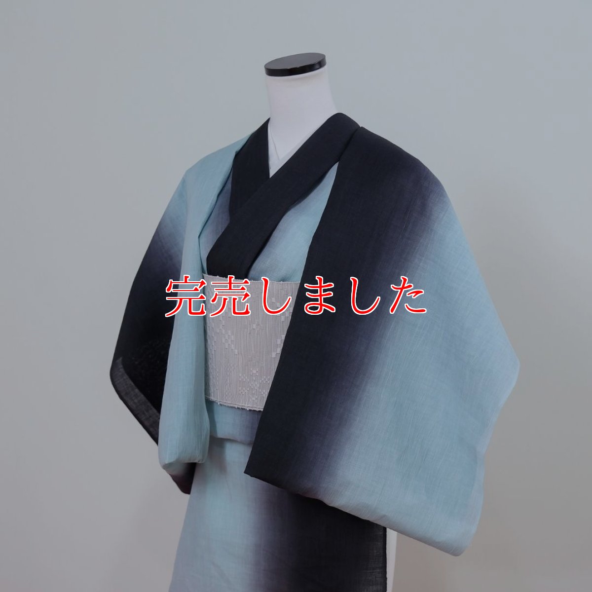 画像3: スラドキー/近江縮/綿麻/黒×ミント/グラデーション着物 (3)