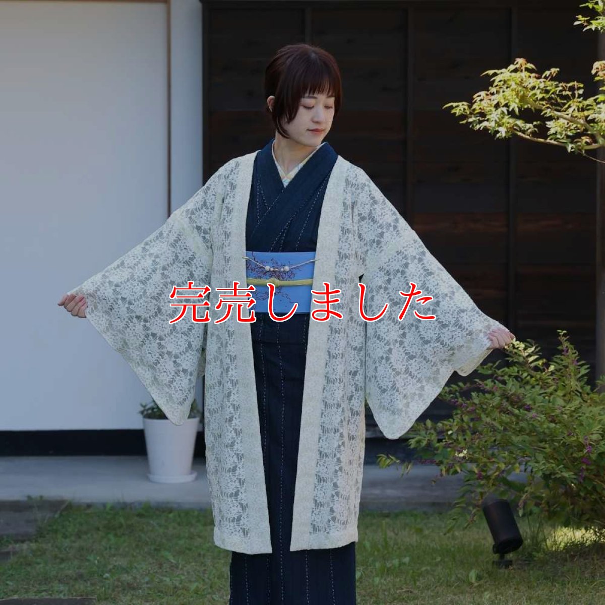 画像5: すっきりと軽い洗えるレースの単衣羽織「白緑の花」 (5)