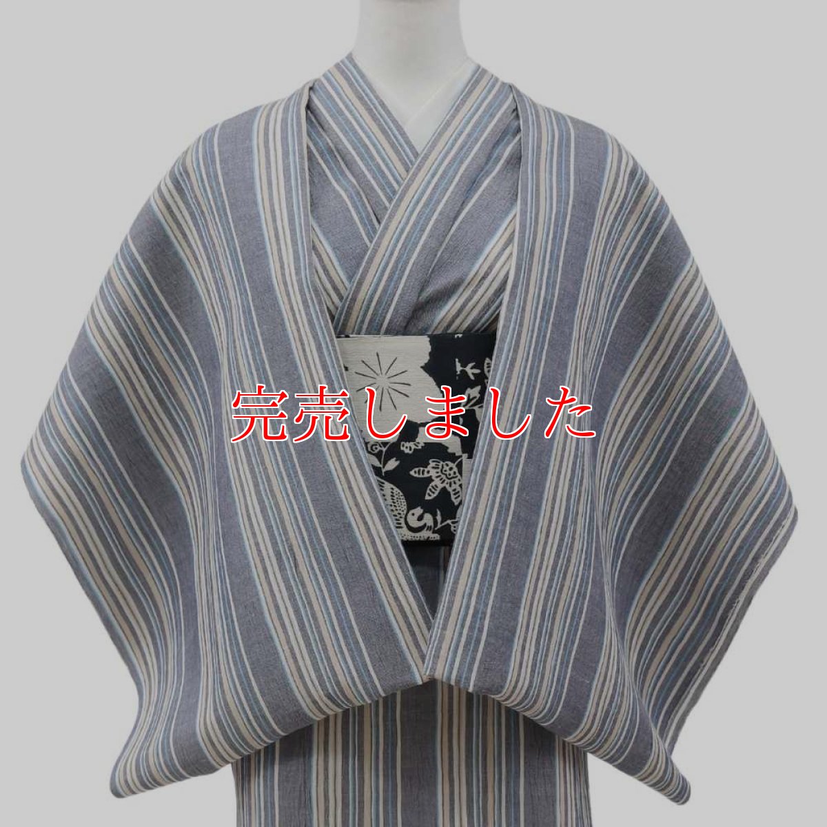 画像2: 洗える綿麻着物　近江ちぢみ「ブルーグレイ×マルチストライプ」｜ひでや工房 (2)