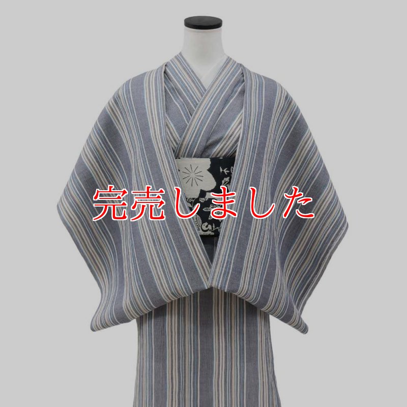洗える綿麻着物 近江ちぢみ「ブルーグレイ×マルチストライプ」｜ひでや