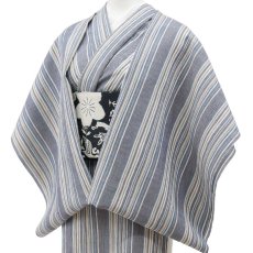 画像3: 洗える綿麻着物　近江ちぢみ「ブルーグレイ×マルチストライプ」｜ひでや工房 (3)