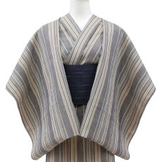 画像1: 洗える綿麻着物　近江ちぢみ「生成りブルー×マルチストライプ」｜ひでや工房 (1)