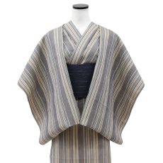 画像2: 洗える綿麻着物　近江ちぢみ「生成りブルー×マルチストライプ」｜ひでや工房 (2)