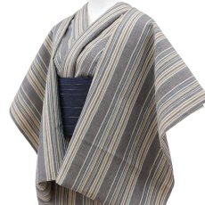 画像3: 洗える綿麻着物　近江ちぢみ「生成りブルー×マルチストライプ」｜ひでや工房 (3)
