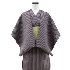 画像2: 洗える綿麻着物　近江ちぢみ「グレイ×パープルストライプ」広幅｜ひでや工房 (2)