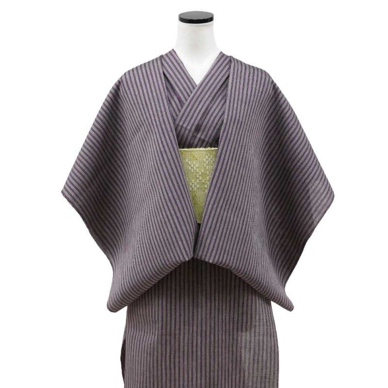 洗える綿麻着物 近江ちぢみ「グレイ×パープルストライプ」広幅｜ひでや