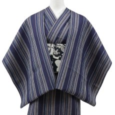 画像1: 洗える綿麻着物　近江ちぢみ「ネイビー×マルチストライプ」｜ひでや工房 (1)