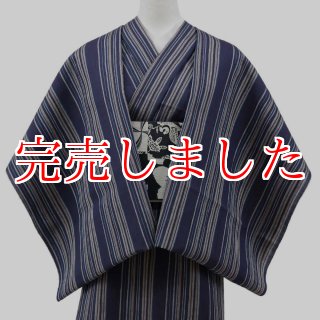 洗える綿麻着物 近江ちぢみ「ネイビー×マルチストライプ」｜ひでや工房