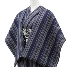 画像3: 洗える綿麻着物　近江ちぢみ「ネイビー×マルチストライプ」｜ひでや工房 (3)