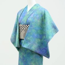 画像2: ひでや工房 綿縮緬ムラ染め着物 彩睡蓮〈水映の池〉 (2)