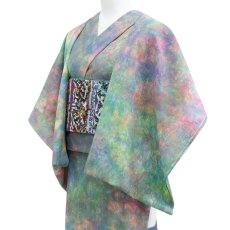 画像2: ひでや工房 綿縮緬ムラ染め着物 彩睡蓮〈光彩の池〉 (2)