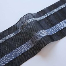 画像2: 井上絹織 紗四寸単帯｜網戸帯「大輪」ブラック（かがり仕立付き） (2)