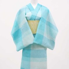 画像3: 小千谷縮 市松格子「水浅葱」麻100％｜単衣夏きもの (3)
