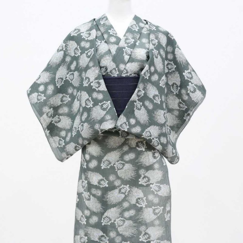 小千谷縮 加賀染 本麻「宝亀」灰緑 夏着物｜もたはん