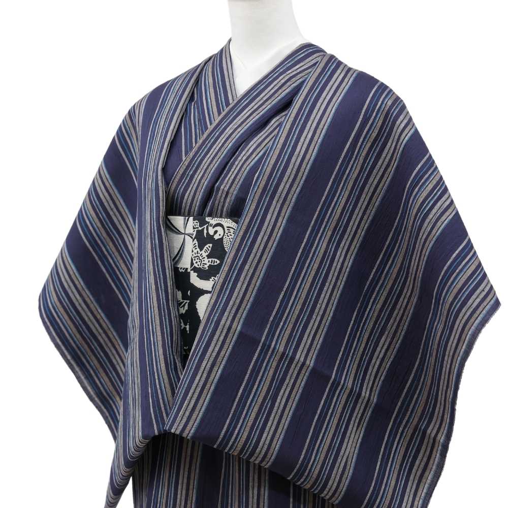 洗える綿麻着物　近江ちぢみ「ネイビー×マルチストライプ」｜ひでや工房｜普段着きものもたはん