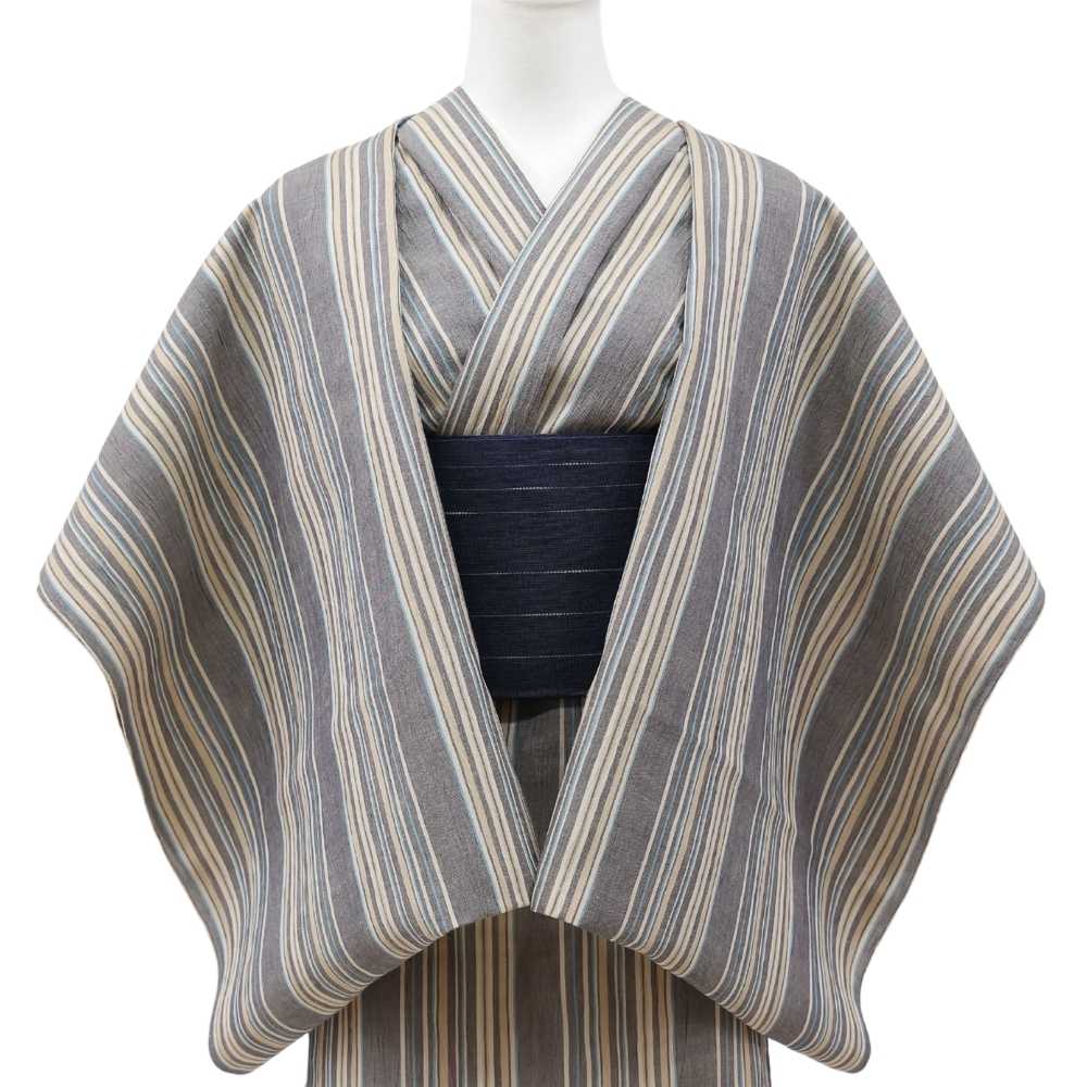 洗える綿麻着物　近江ちぢみ「生成りブルー×マルチストライプ」｜ひでや工房｜普段着きものもたはん