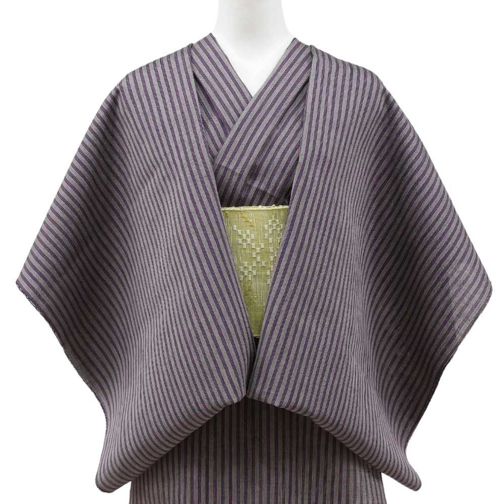 洗える綿麻着物　近江ちぢみ「グレイ×パープルストライプ」広幅｜ひでや工房｜普段着きものもたはん