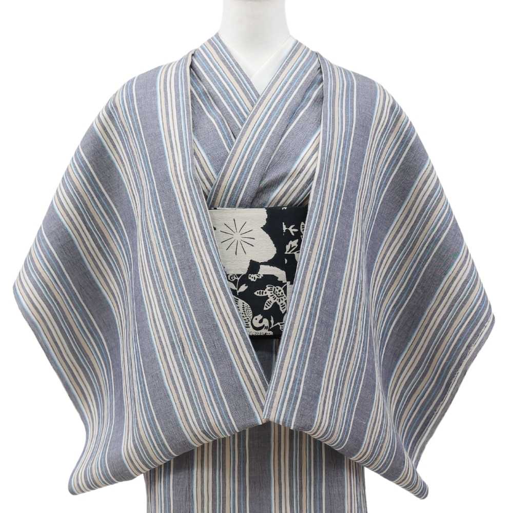 洗える綿麻着物　近江ちぢみ「ブルーグレイ×マルチストライプ」｜ひでや工房｜普段着きものもたはん