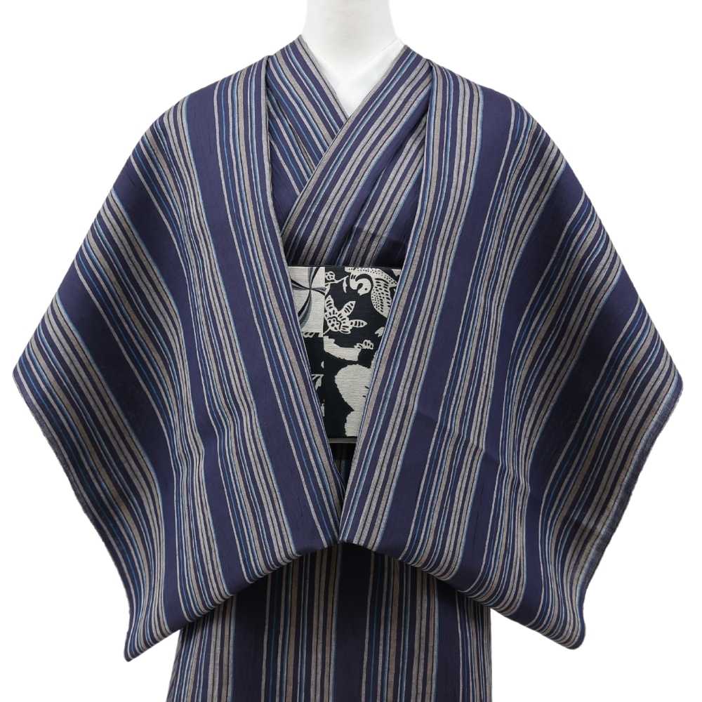 洗える綿麻着物　近江ちぢみ「ネイビー×マルチストライプ」｜ひでや工房｜普段着きものもたはん
