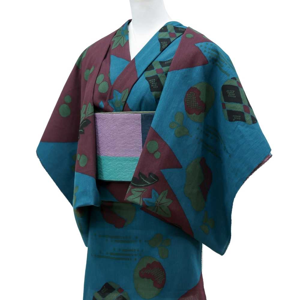 綿縮緬の洗える木綿着物『復刻辻ヶ花』青緑×葡萄。ひでや工房×もたはん