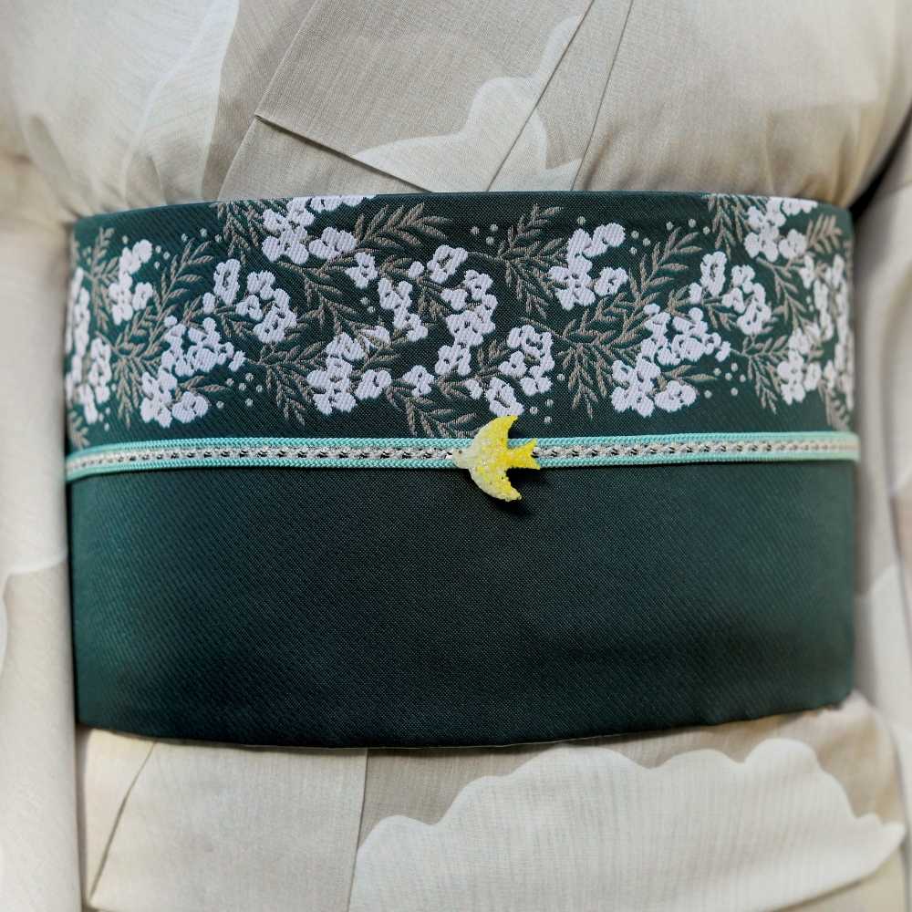 両面半幅帯｜リバーシブル帯｜緑｜花柄｜鳥柄｜普段着きものもたはん｜コレカラキモノ