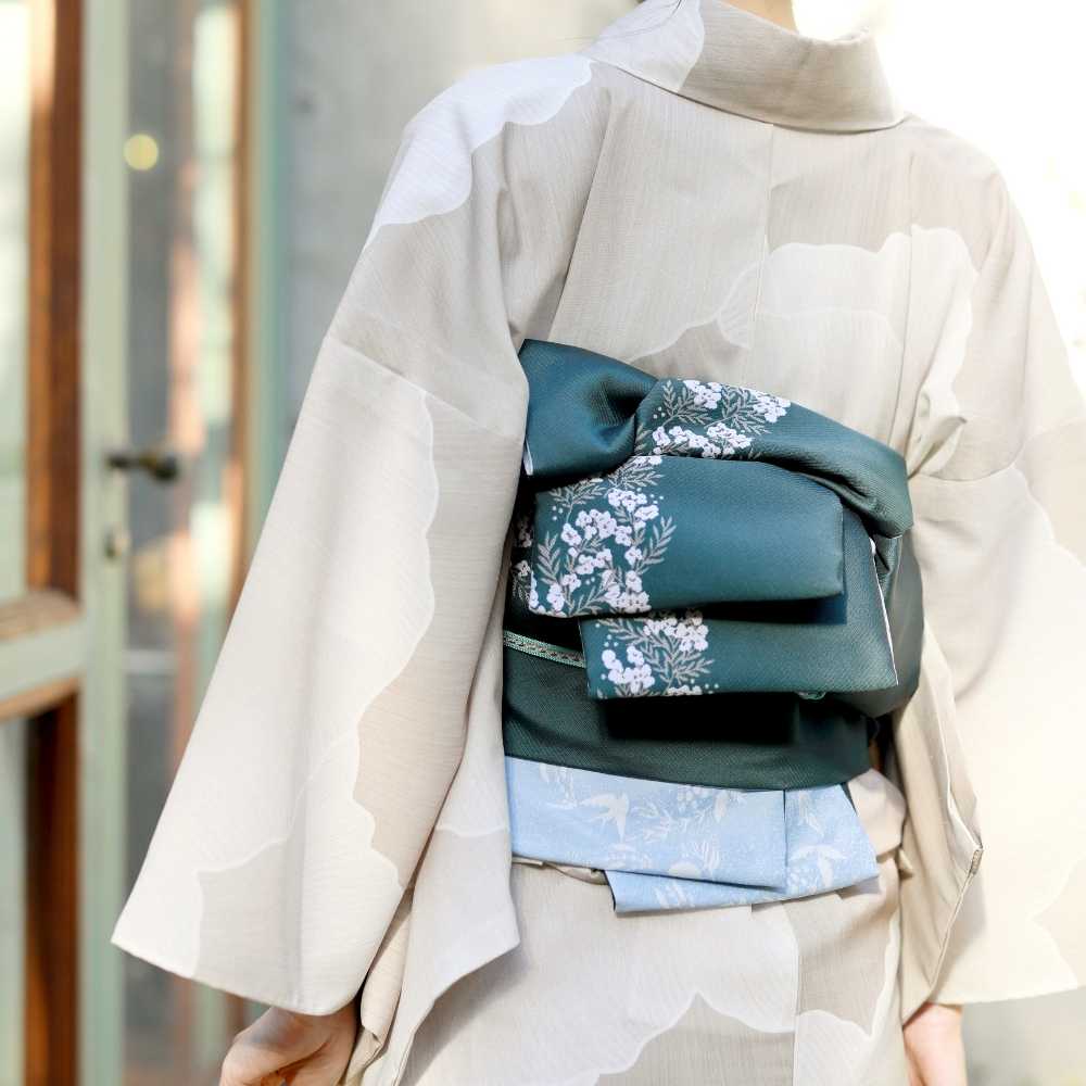 両面半幅帯｜リバーシブル帯｜緑｜花柄｜鳥柄｜普段着きものもたはん｜コレカラキモノ