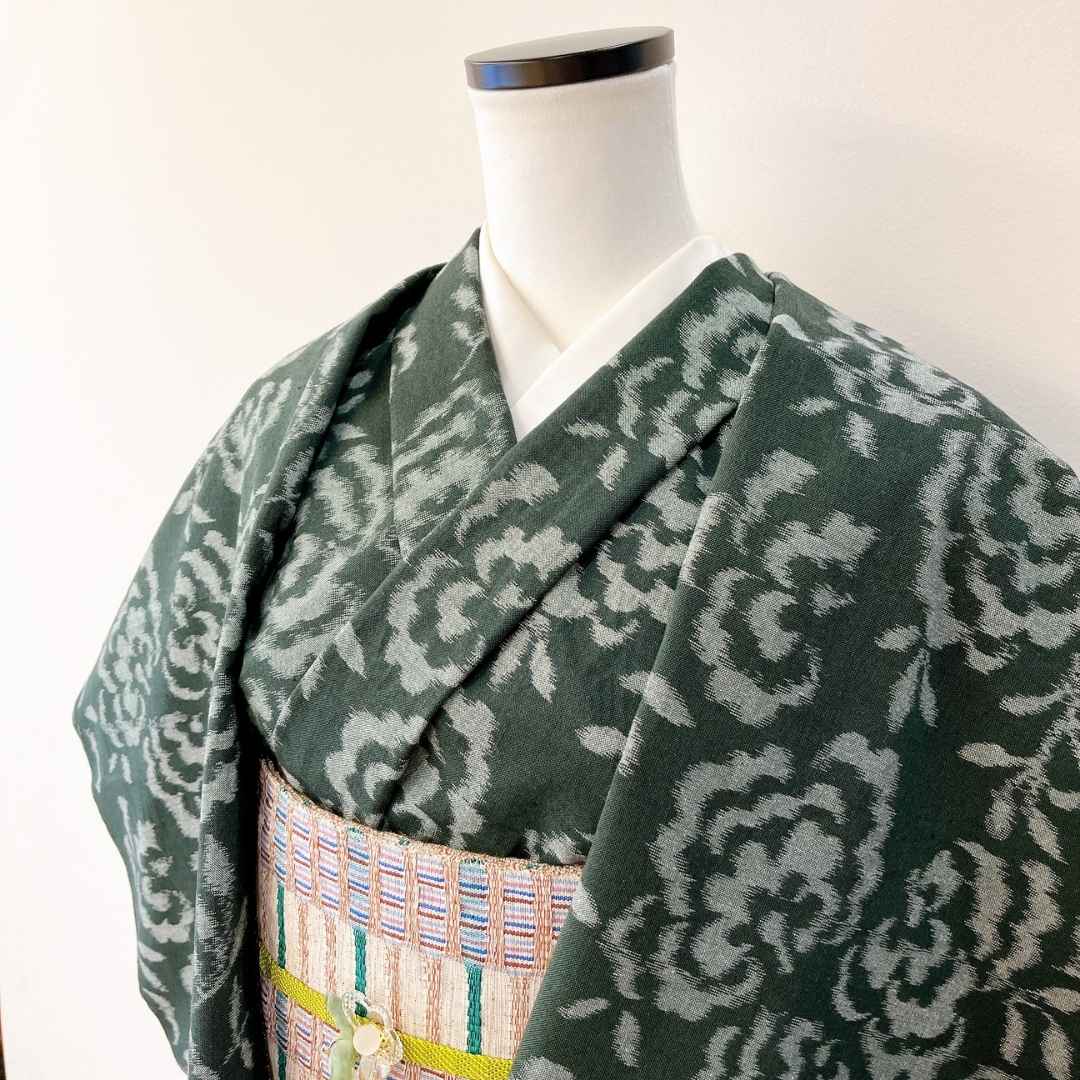 久留米絣・野村織物「コットンフラワー」八女茶グリーン | 普段着きものもたはん